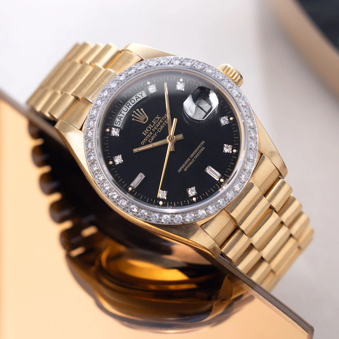 Rolex Mens President Day-Date 18K Gold with Black Diamond Bezel Watch 39MM