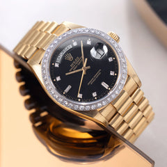 Rolex Mens President Day-Date 18K Gold with Black Diamond Bezel Watch 39MM
