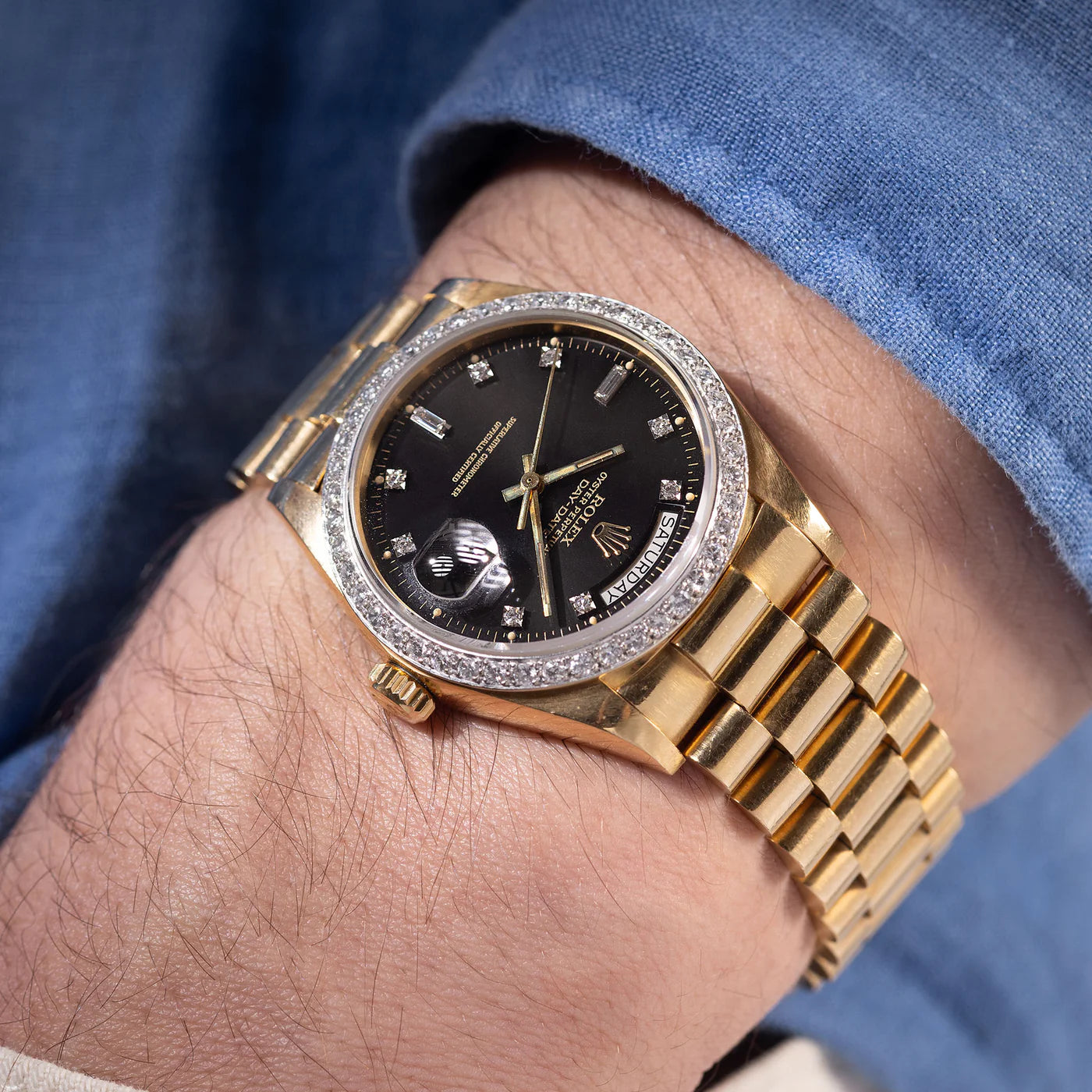 Rolex Mens President Day-Date 18K Gold with Black Diamond Bezel Watch 39MM