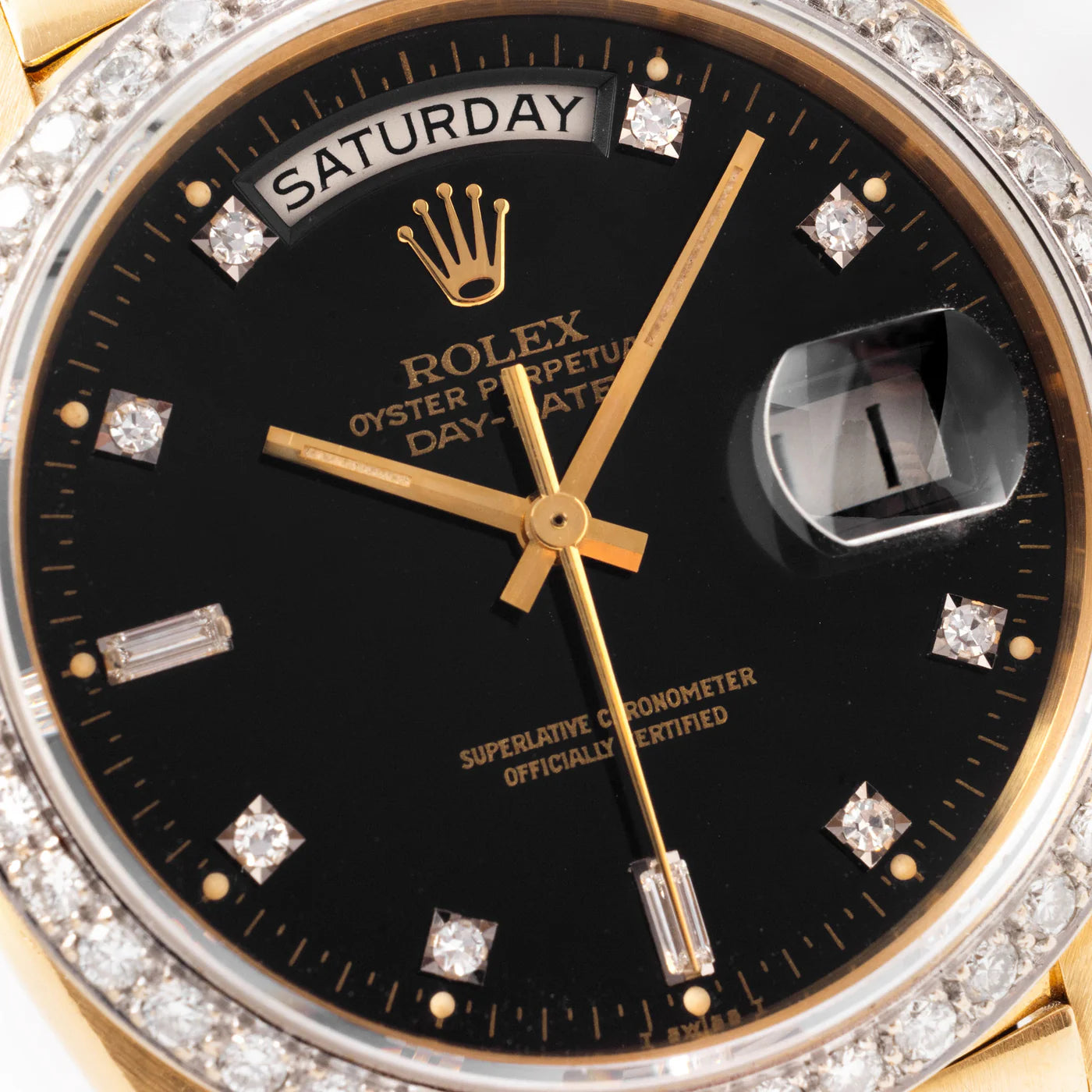 Rolex Mens President Day-Date 18K Gold with Black Diamond Bezel Watch 39MM