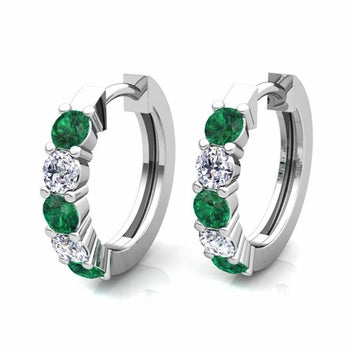 Emerald and Diamond Alternating Hoop Earrings