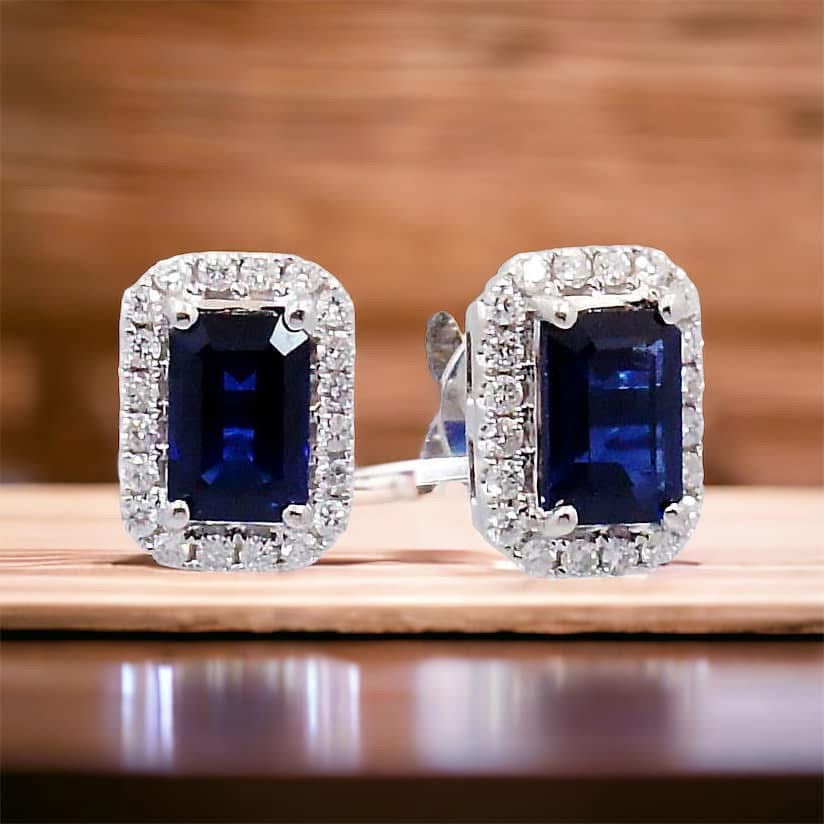 Sapphire and Diamond Halo Earrings Studs