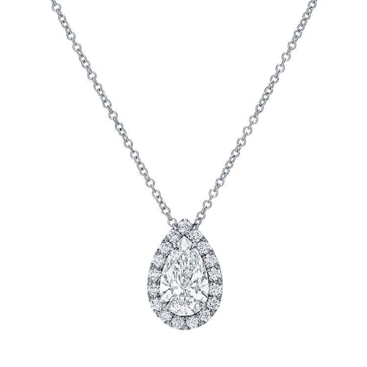SOLITAIRE FLOATING PEAR HALO DIAMOND PENDANT SET