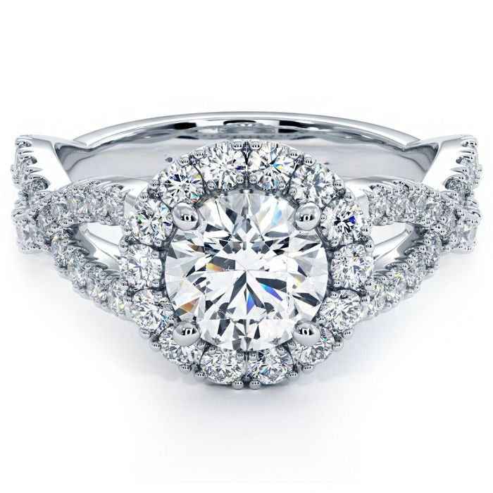 Round Brilliant Infinity Twist Round Halo Micropavé Diamond Engagement Ring Setting (0.77ctw) in 18k White Gold( 2.00 twt)