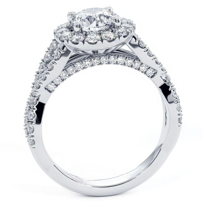 Round Brilliant Infinity Twist Round Halo Micropavé Diamond Engagement Ring Setting (0.77ctw) in 18k White Gold( 2.00 twt)
