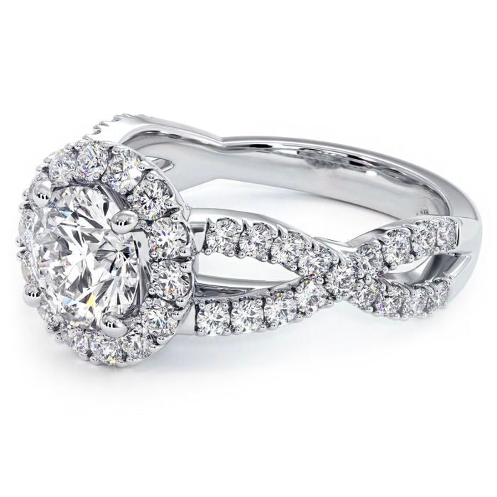 Round Brilliant Infinity Twist Round Halo Micropavé Diamond Engagement Ring Setting (0.77ctw) in 18k White Gold( 2.00 twt)