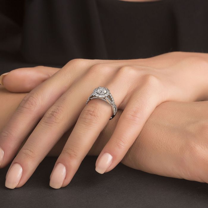Round Brilliant Infinity Twist Round Halo Micropavé Diamond Engagement Ring Setting (0.77ctw) in 18k White Gold( 2.00 twt)