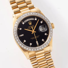 Rolex Mens President Day-Date 18K Gold with Black Diamond Bezel Watch 39MM