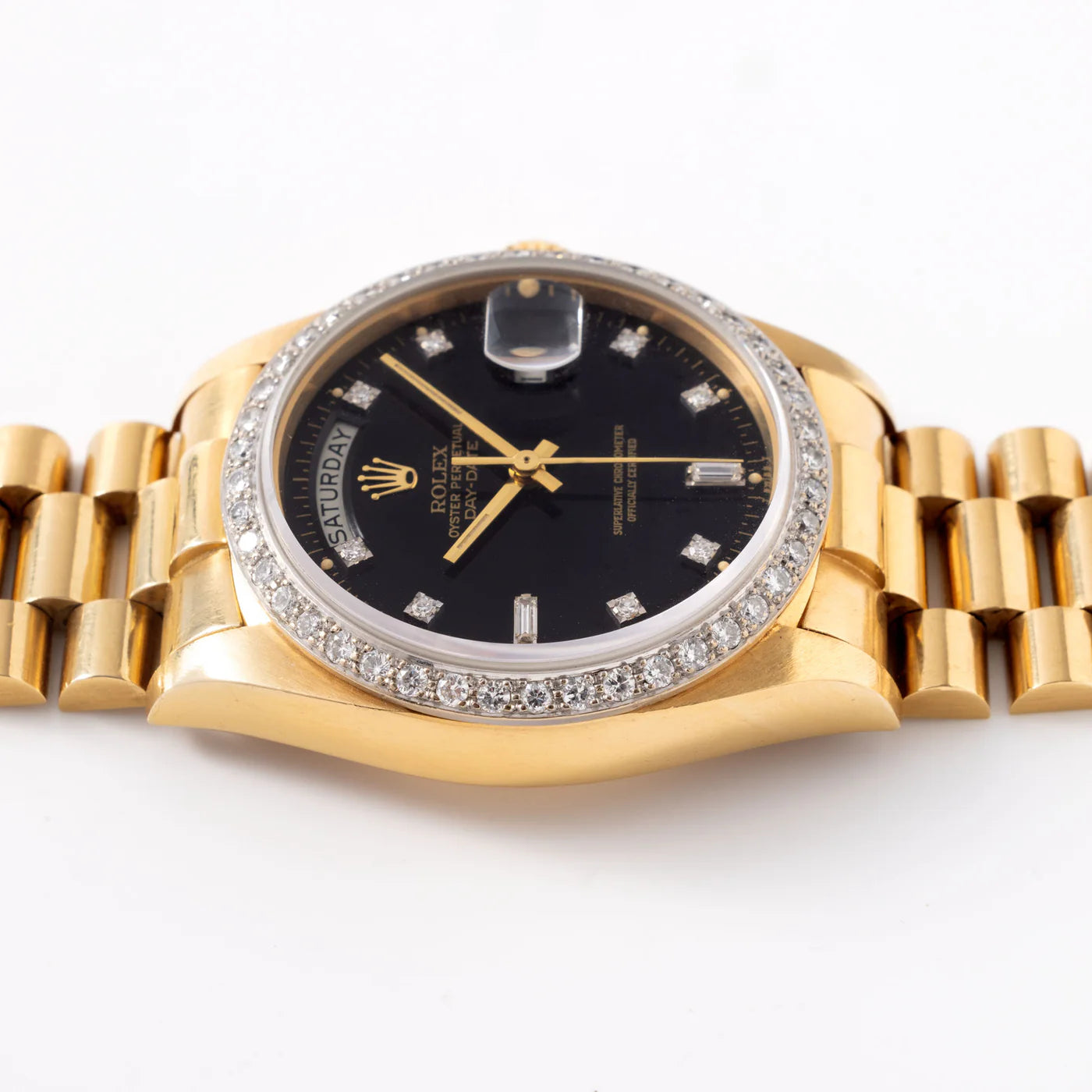 Rolex Mens President Day-Date 18K Gold with Black Diamond Bezel Watch 39MM