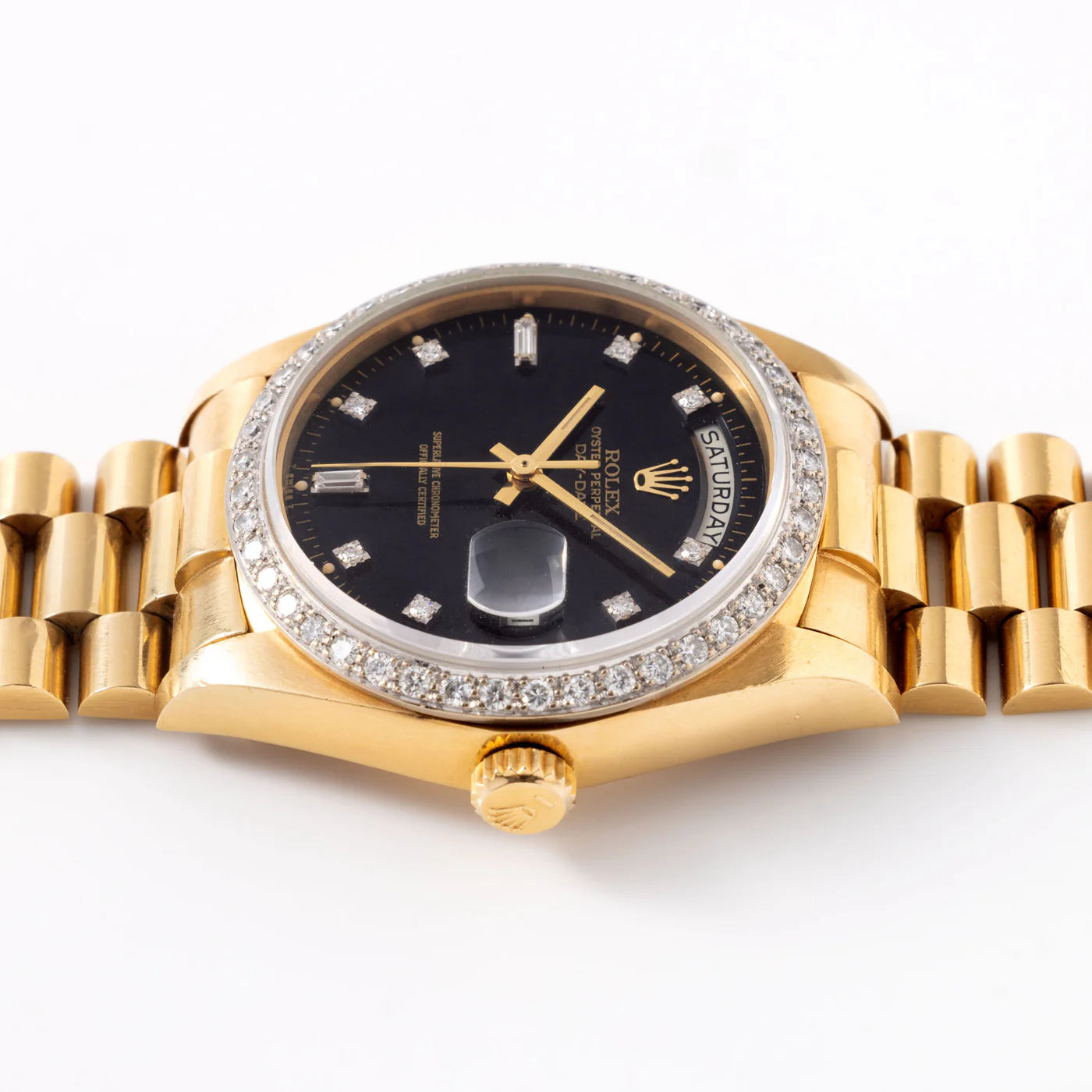 Rolex Mens President Day-Date 18K Gold with Black Diamond Bezel Watch 39MM