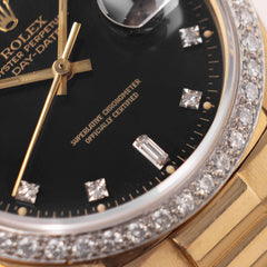 Rolex Mens President Day-Date 18K Gold with Black Diamond Bezel Watch 39MM