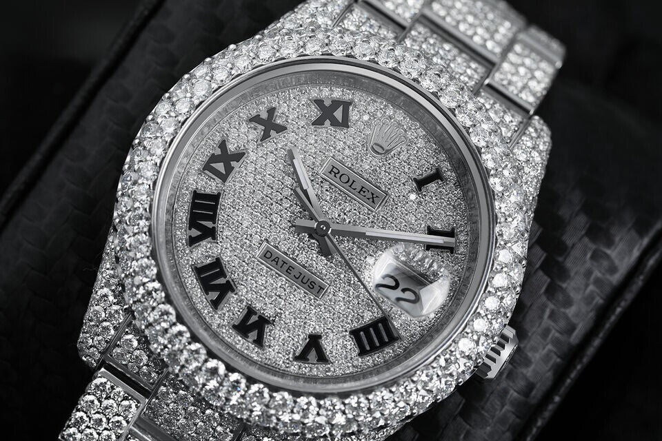 Rolex Datejust 36mm Stainless Steel Black Roman Pave Diamond Dial Fully Iced Out Series: Datejust. Dial: Custom pave diamonddial. Bracelet: Oyster band; stainless steel.