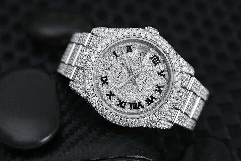 Rolex Datejust 36mm Stainless Steel Black Roman Pave Diamond Dial Fully Iced Out Series: Datejust. Dial: Custom pave diamonddial. Bracelet: Oyster band; stainless steel.