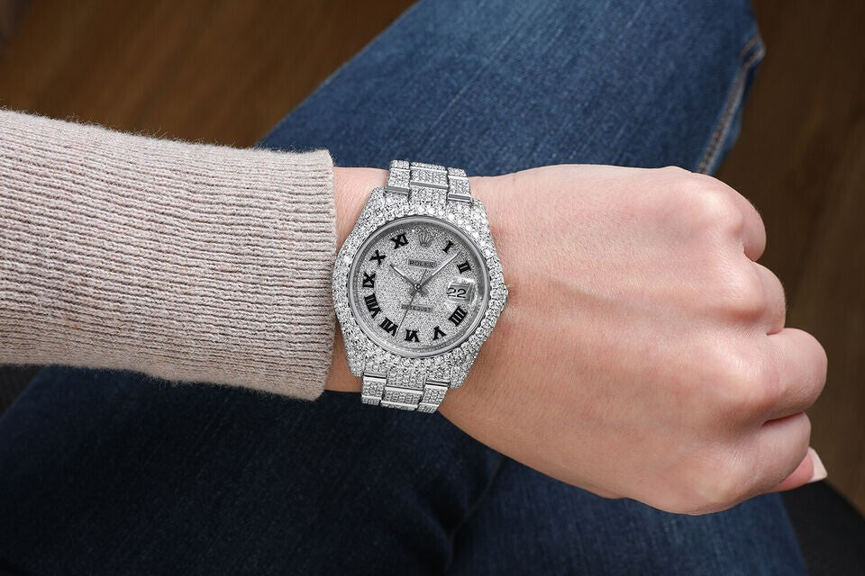Rolex Datejust 36mm Stainless Steel Black Roman Pave Diamond Dial Fully Iced Out Series: Datejust. Dial: Custom pave diamonddial. Bracelet: Oyster band; stainless steel.